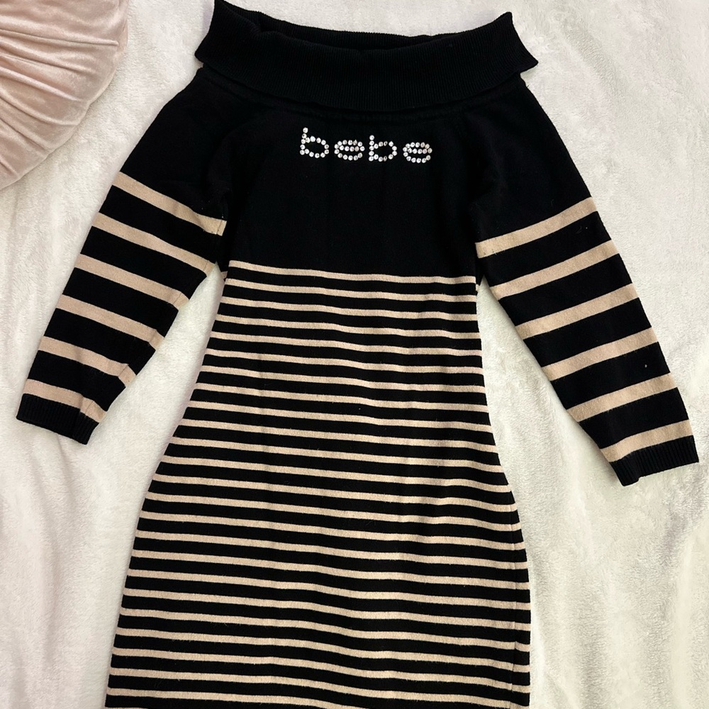bebe Black Cream Mini Off the Shoulder Long Sleeve Sweater Dress